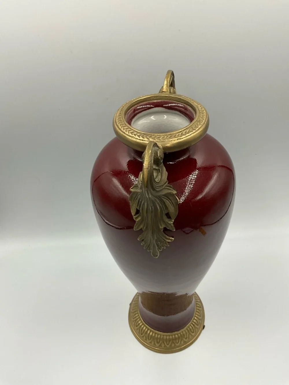Vintage Porcelain Vase Oxblood Red Glaze Gilt Bronze Mounts Scroll Handles